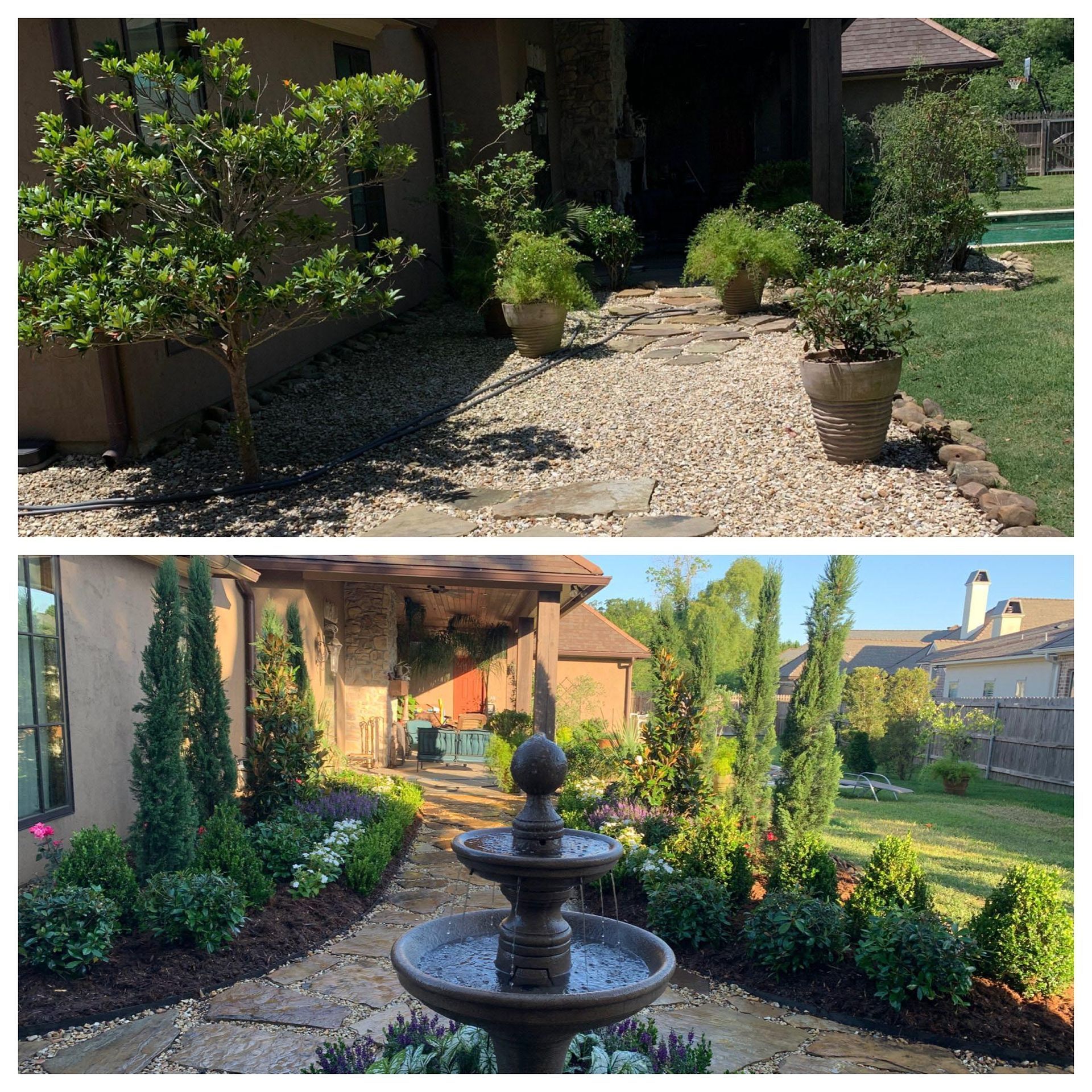 A before and after picture of a garden with a fountain.