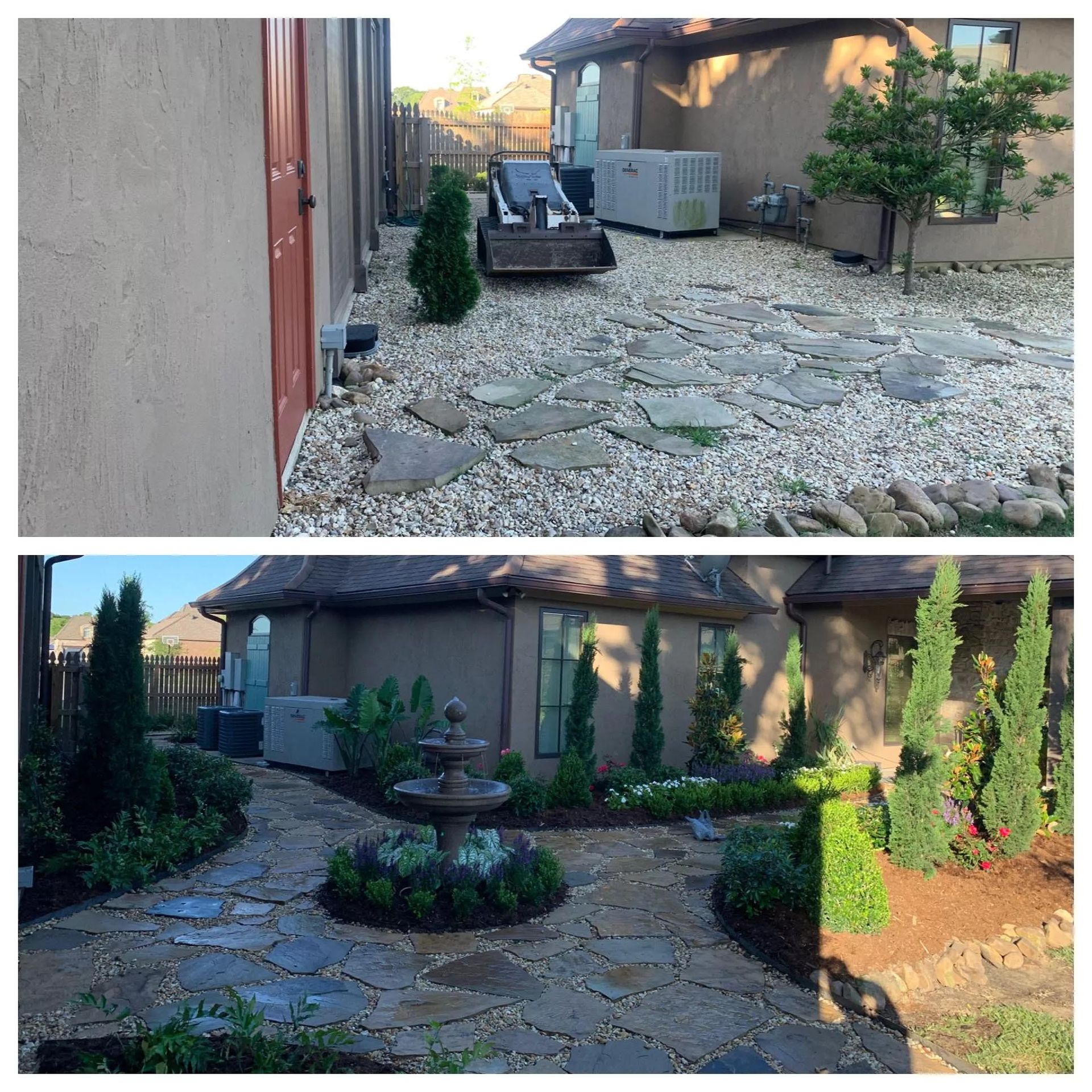 A before and after picture of a backyard with a fountain and gravel.