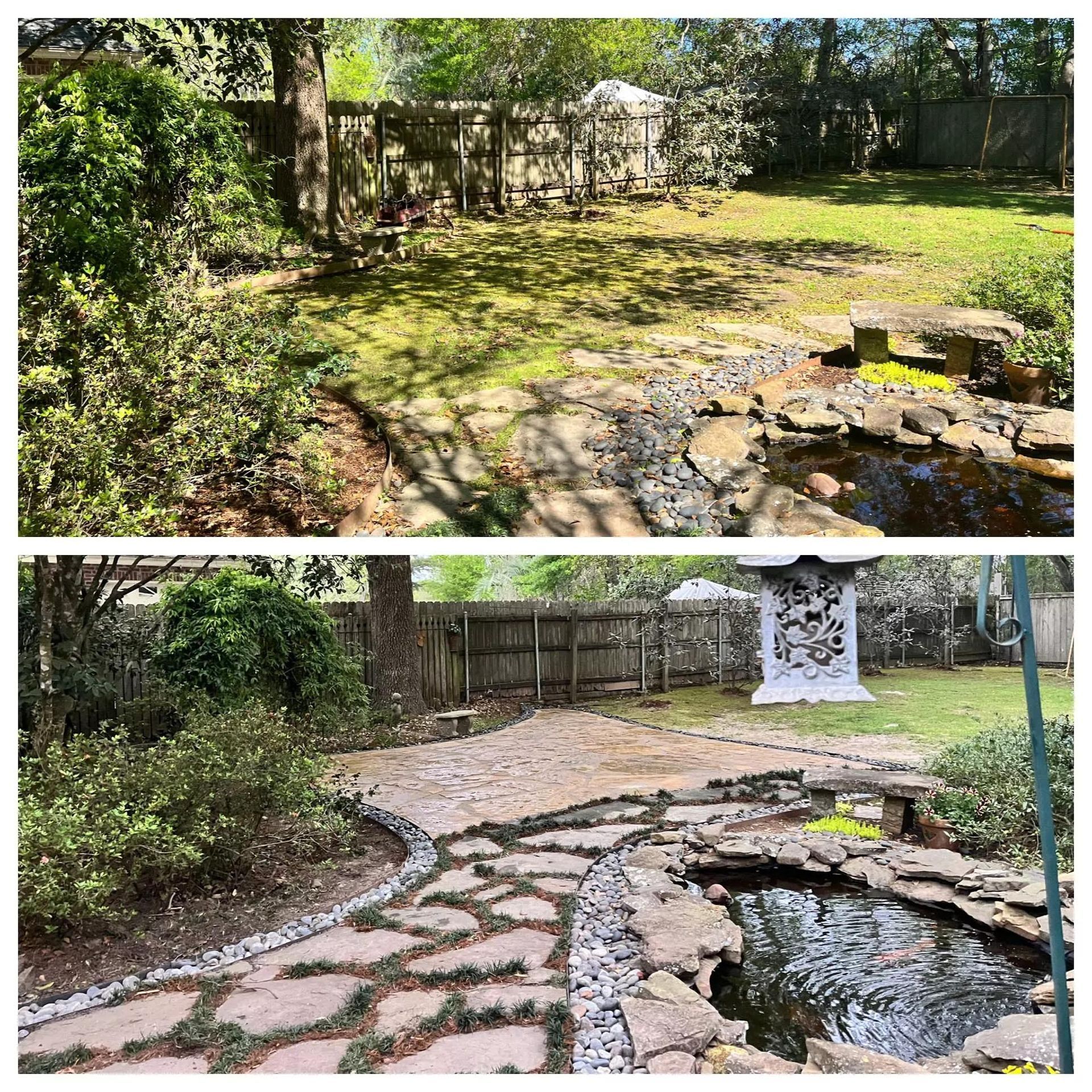 A before and after photo of a backyard with a pond.