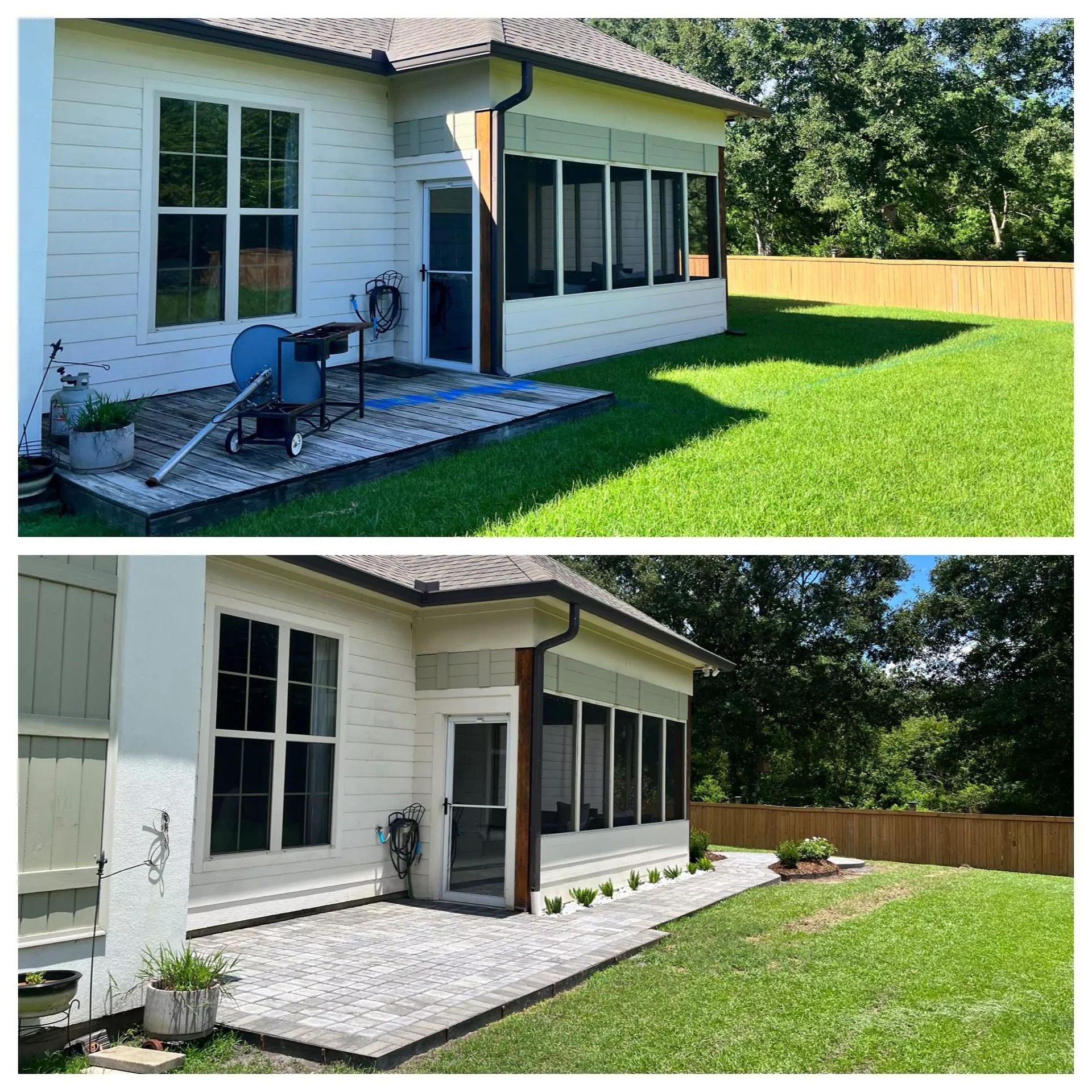A before and after picture of a house with a screened in porch.