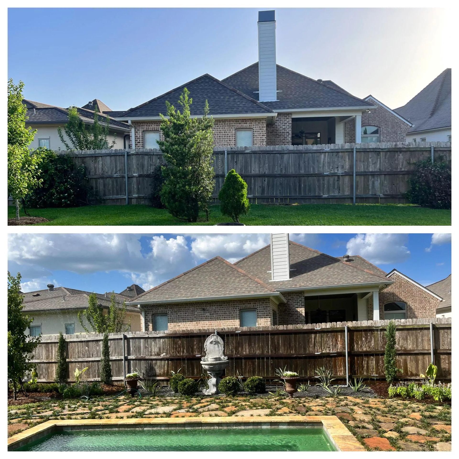 A before and after picture of a house with a pool in the backyard.