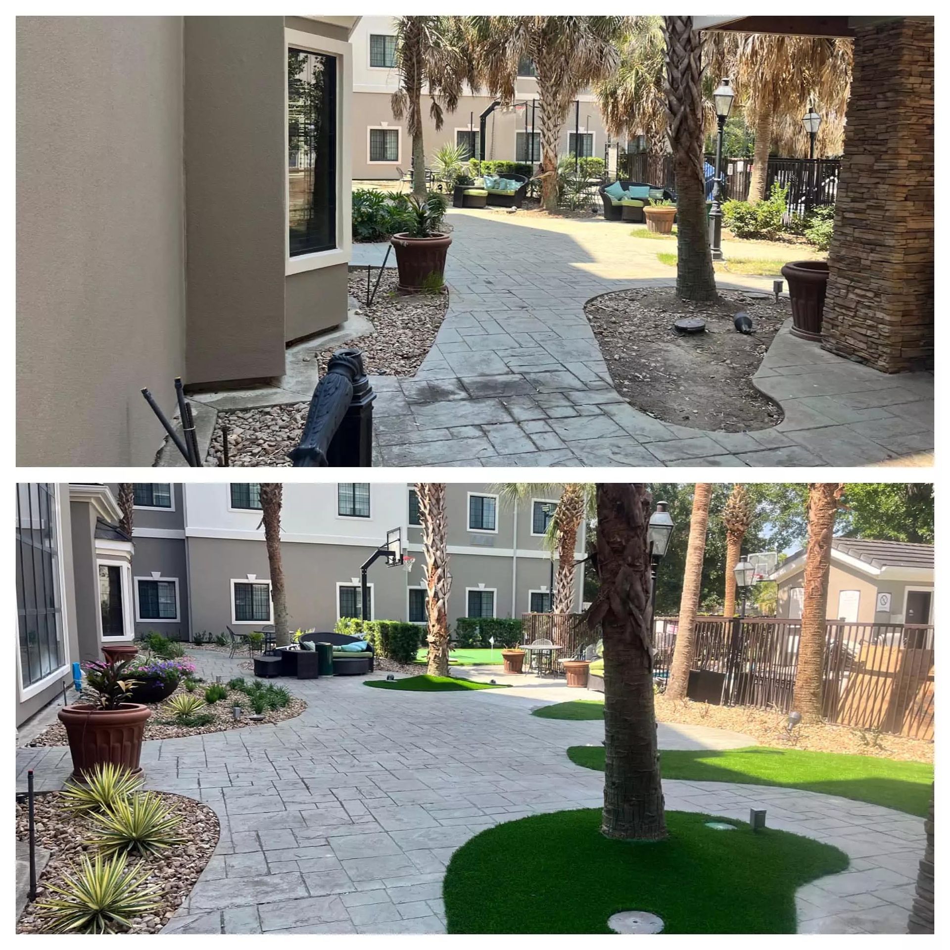 A before and after photo of a patio with a brick walkway and grass.