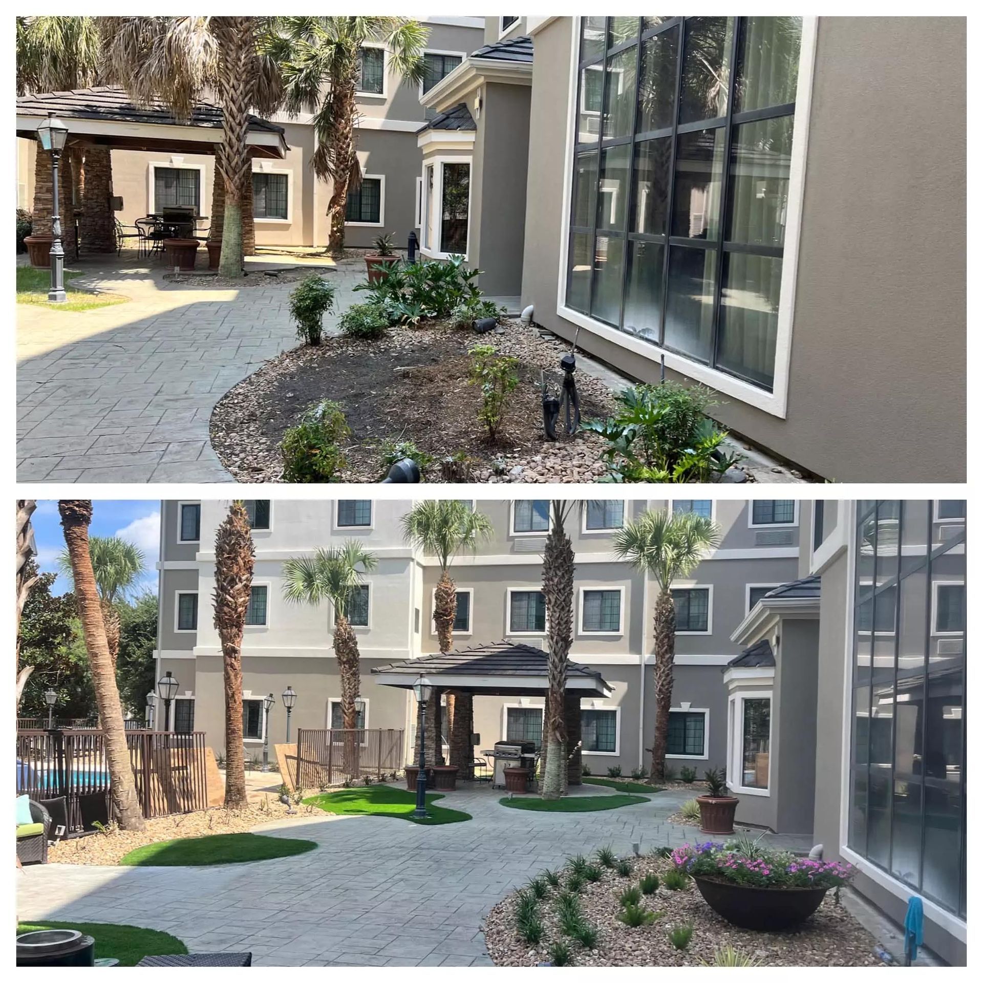 A before and after photo of a building with palm trees