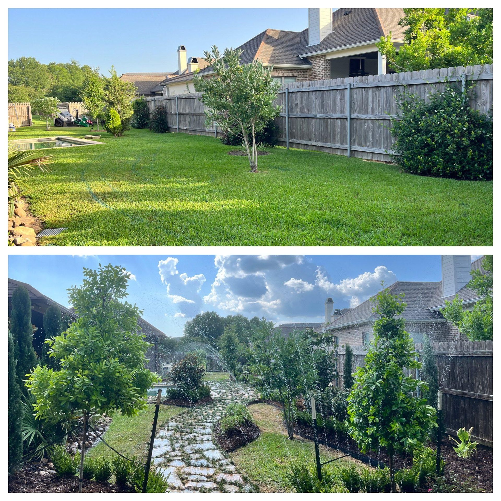 A before and after picture of a lawn with a wooden fence