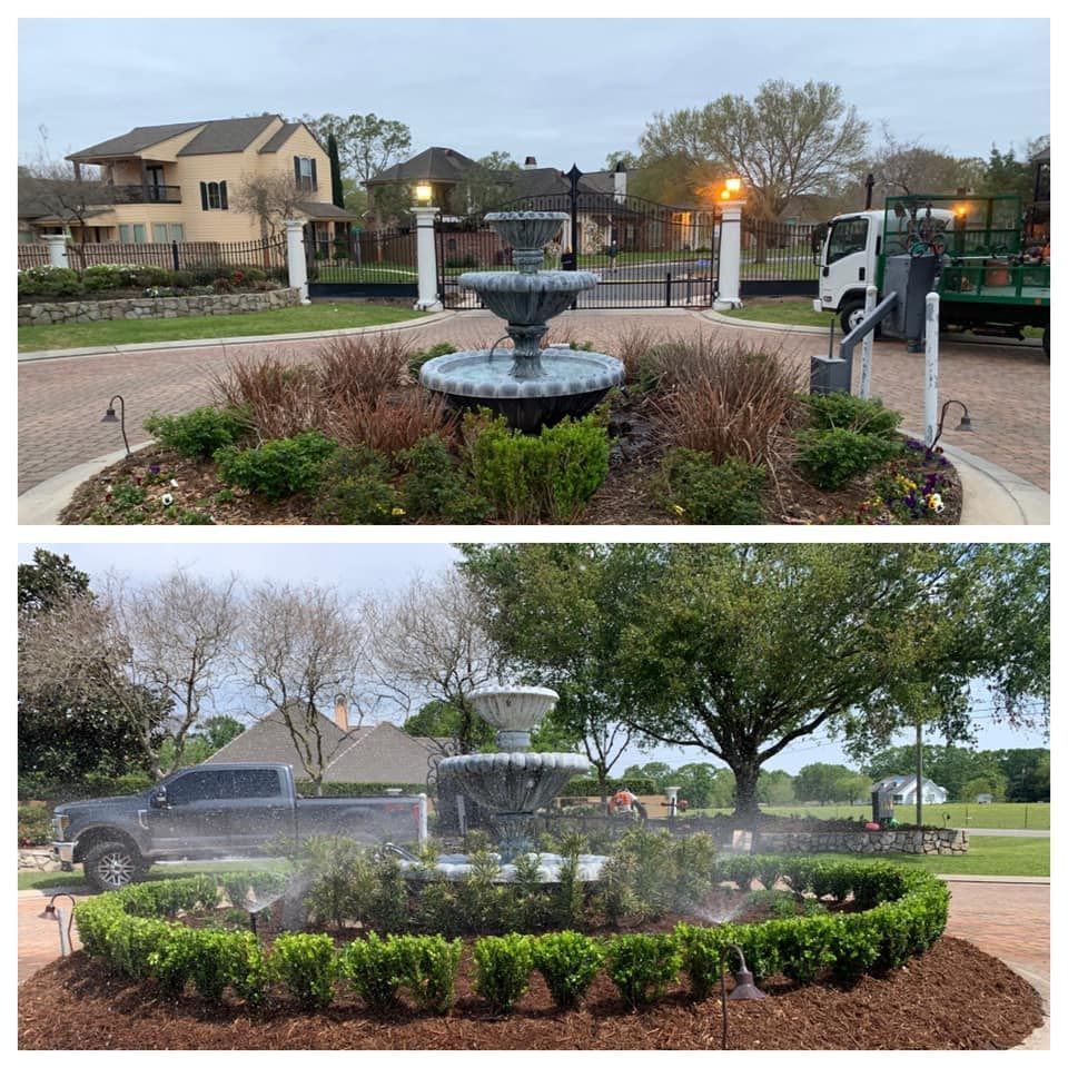 A before and after picture of a fountain in a garden.