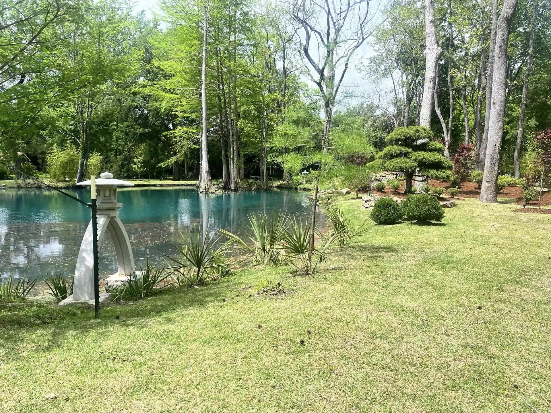 A lawn with a pond in the background and trees in the background.