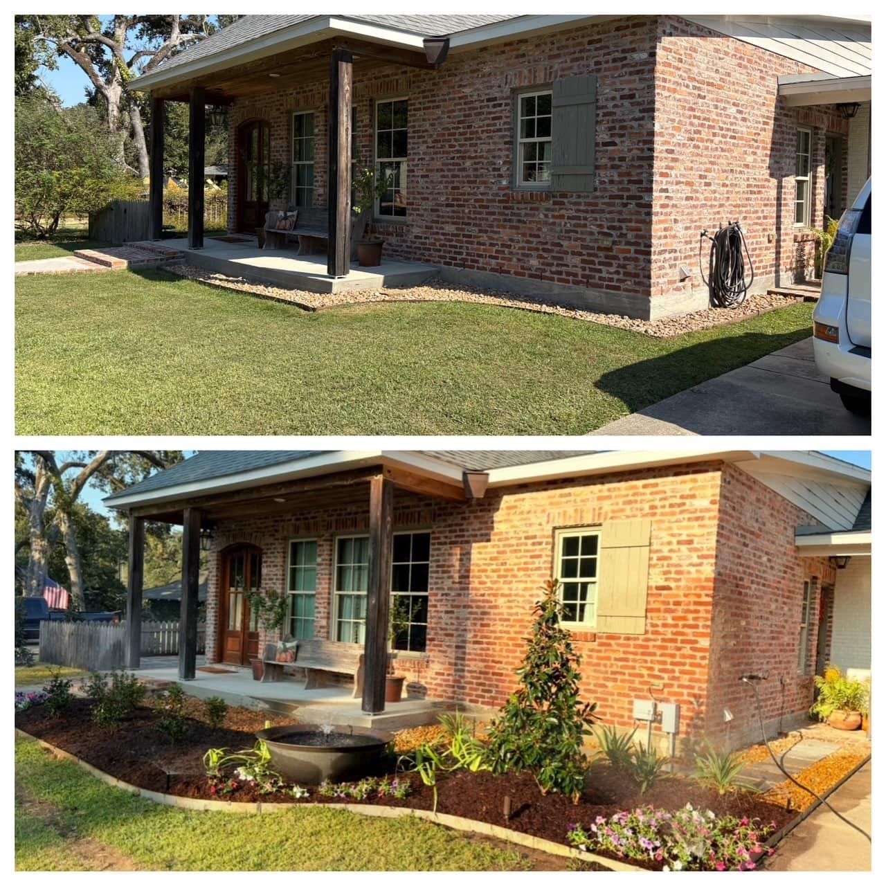 A before and after picture of a brick house