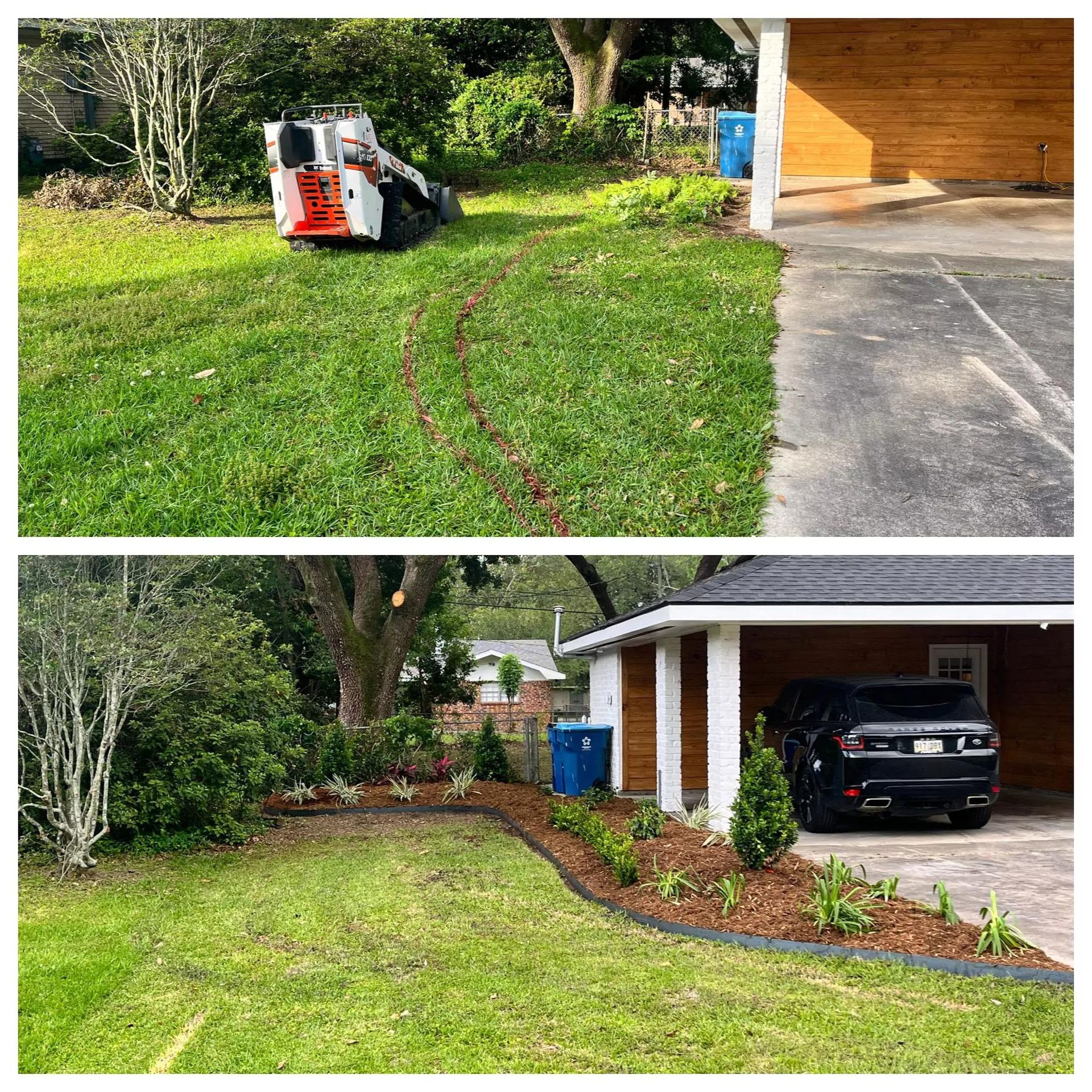 A before and after picture of a lawn being mowed and a car parked in front of a house.