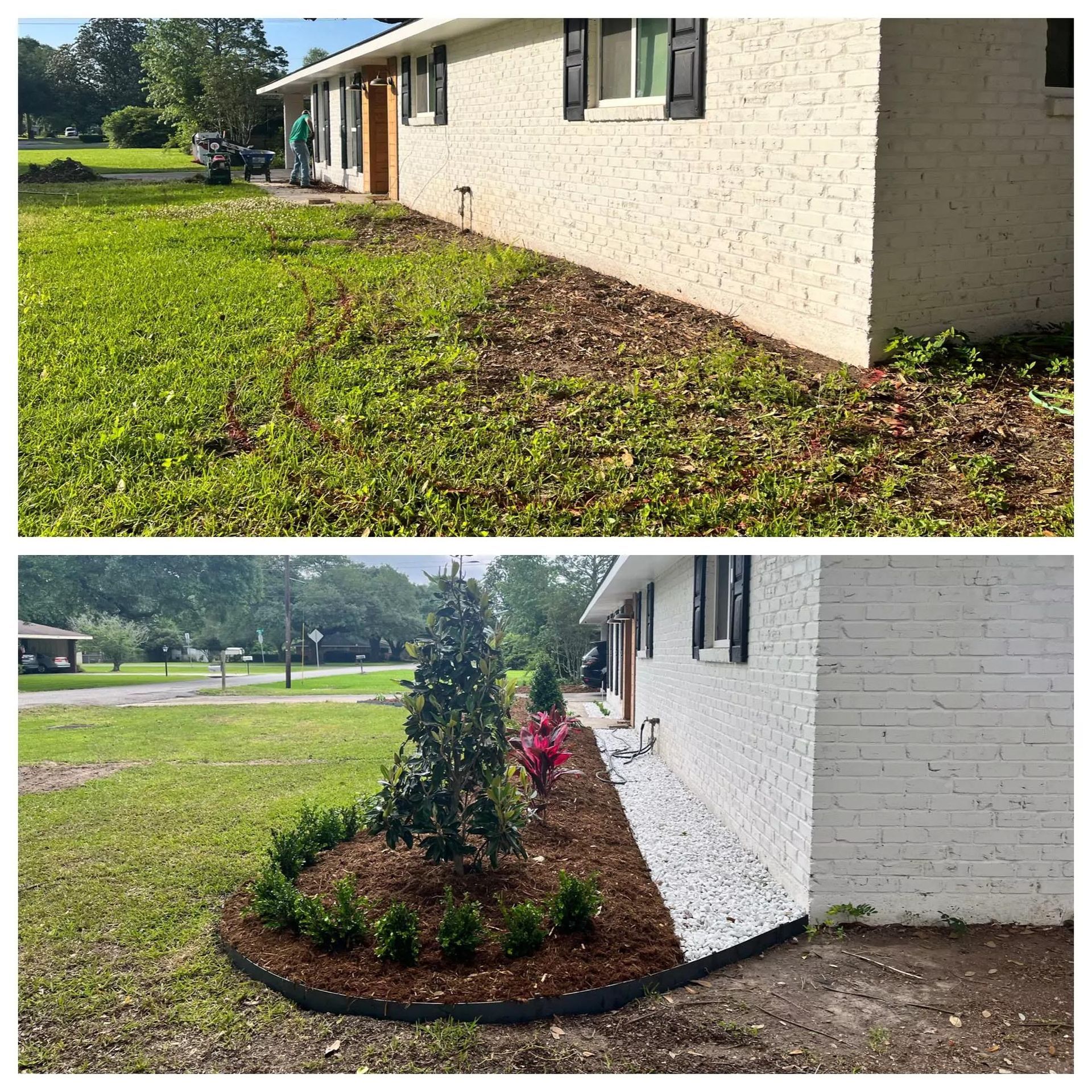 A before and after picture of a white brick house