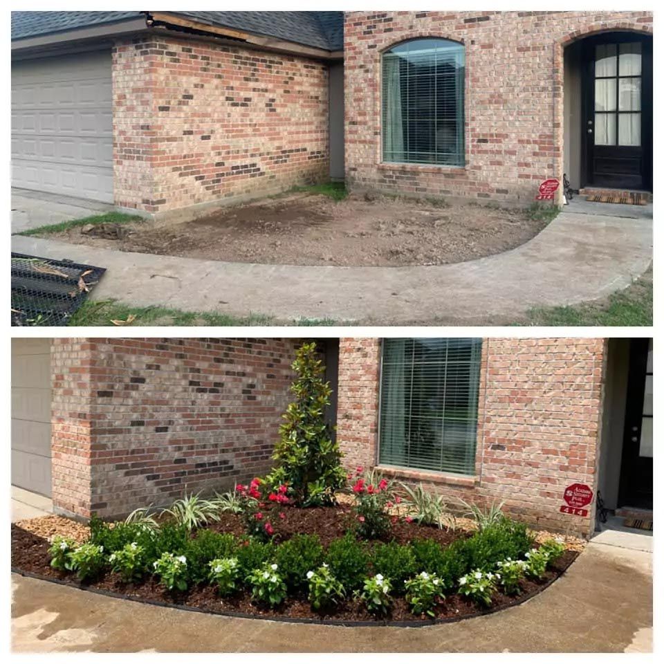 A before and after picture of a brick house with a garden in front of it.