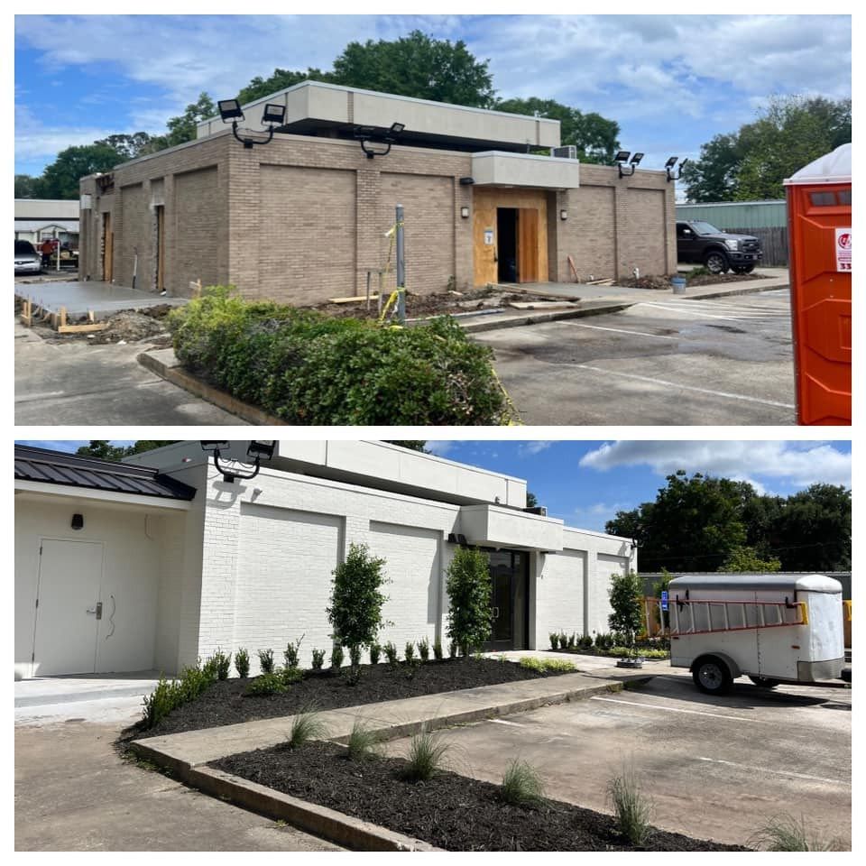 A before and after picture of a building being remodeled