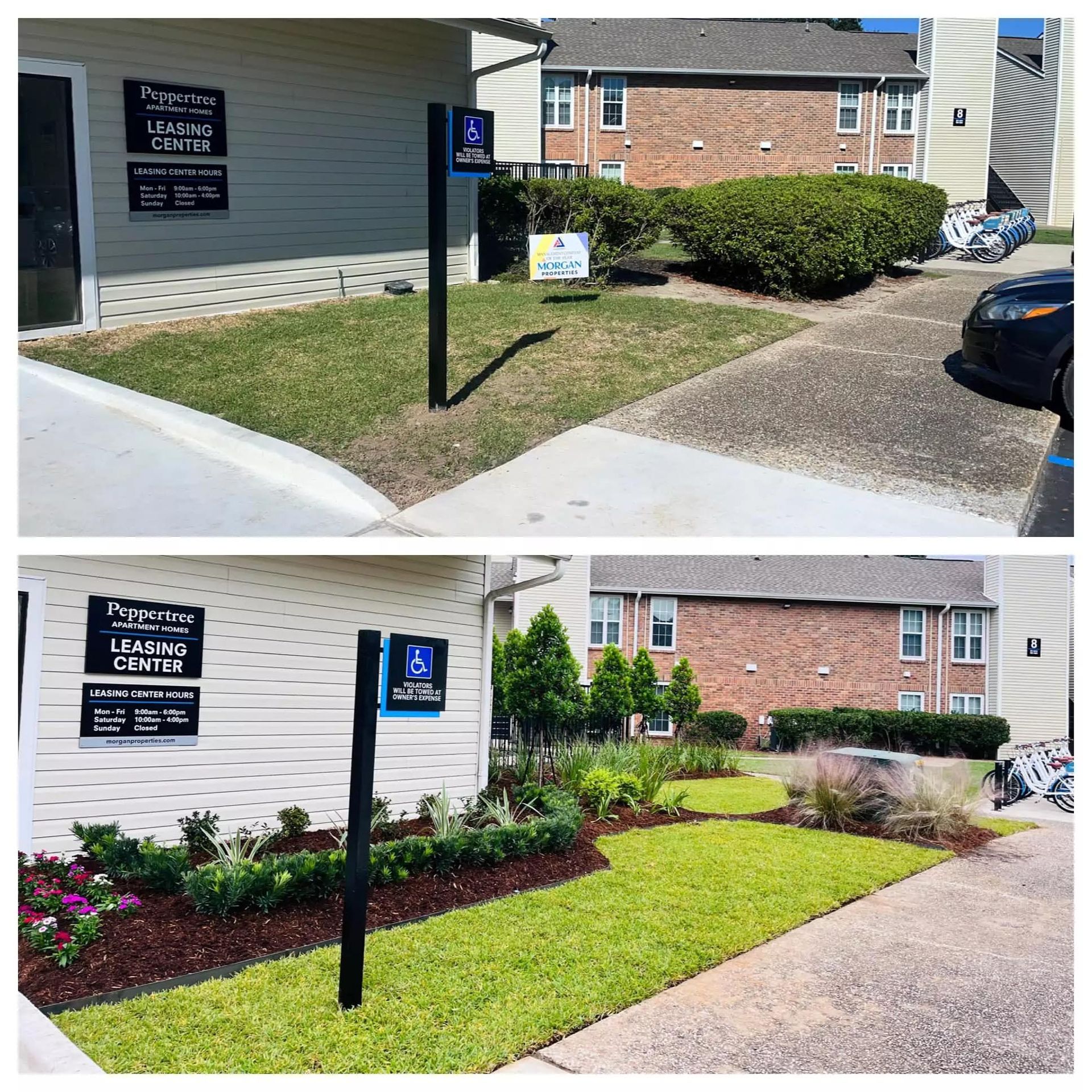 A before and after picture of a lawn in front of a building