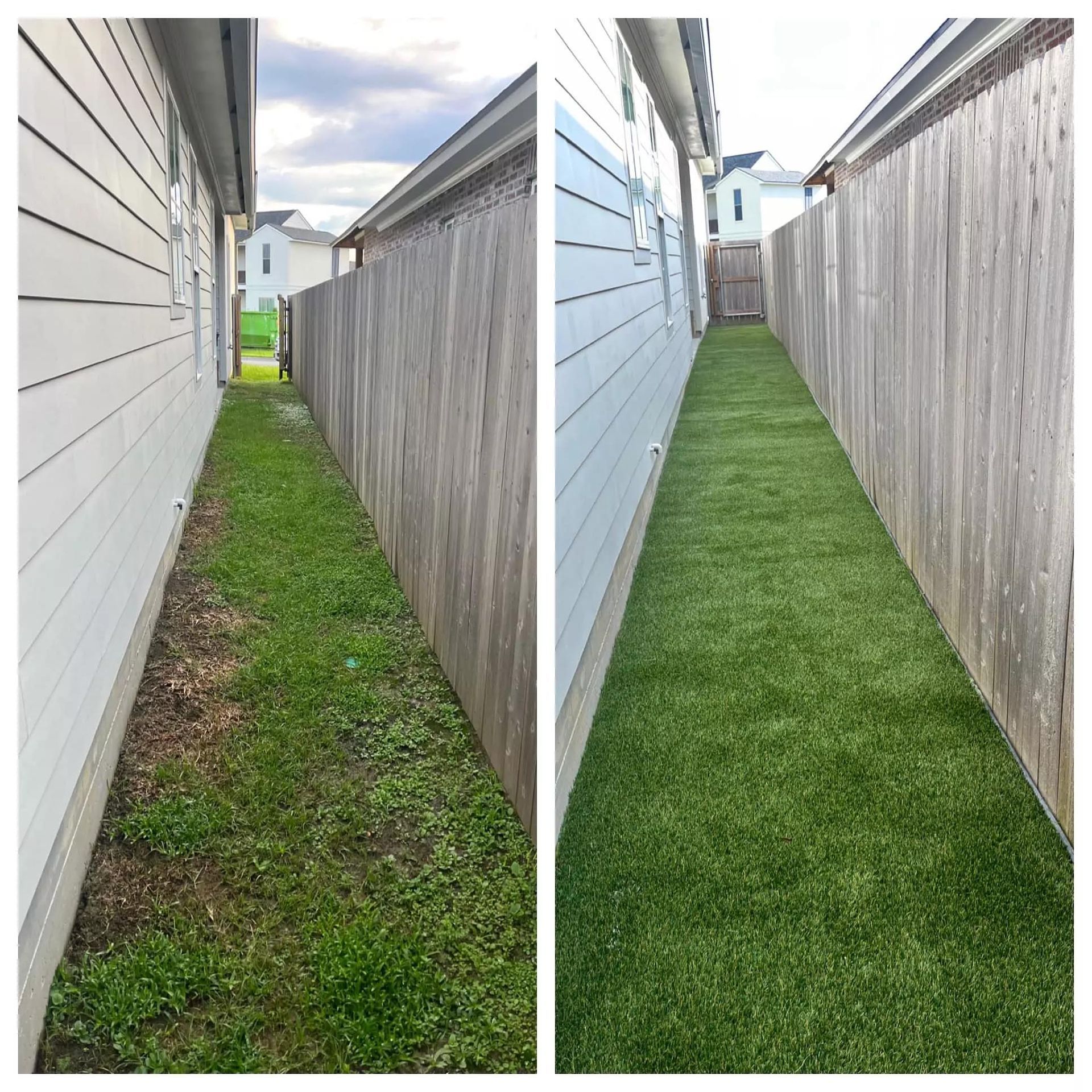 A before and after picture of a yard with a fence and grass.