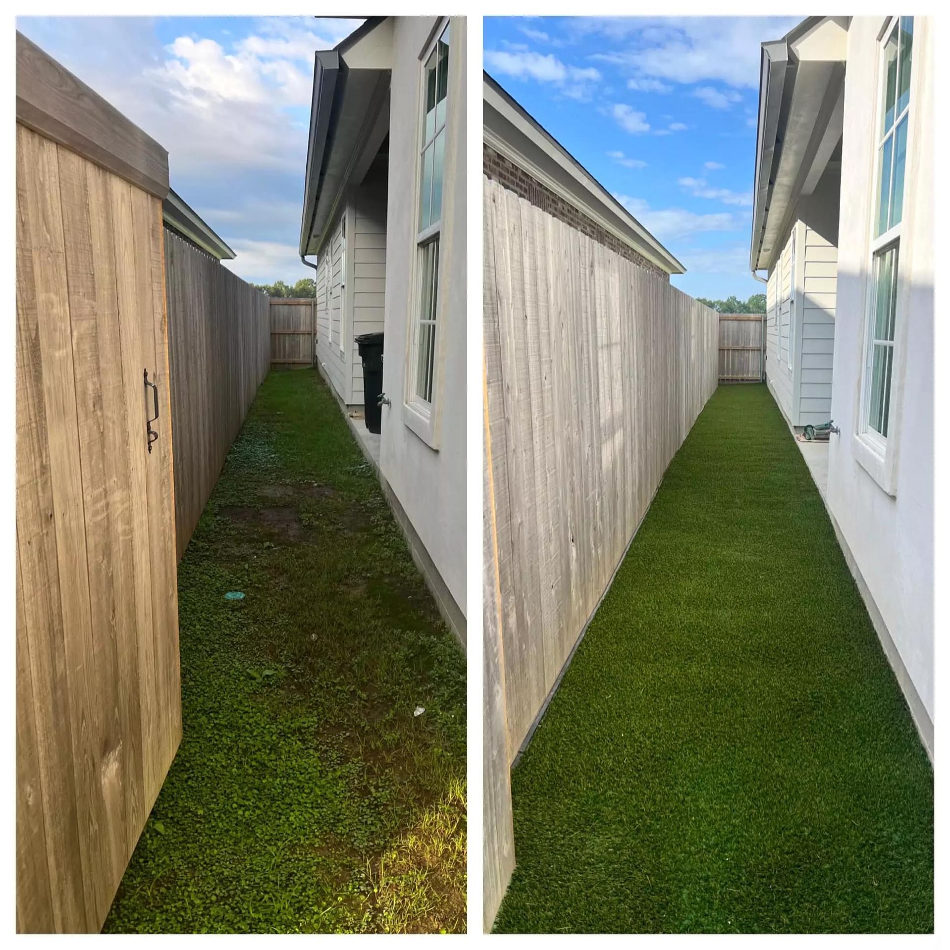 A before and after picture of a fence and a lawn.