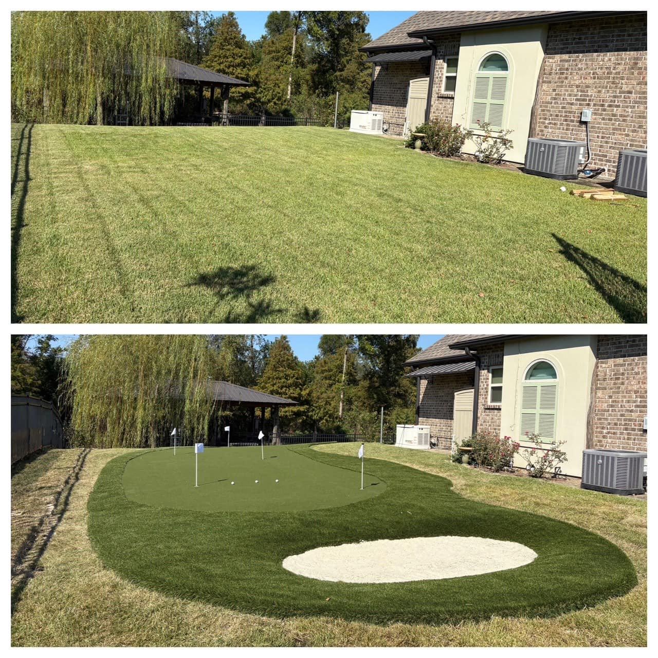 A before and after picture of a golf course in a backyard.