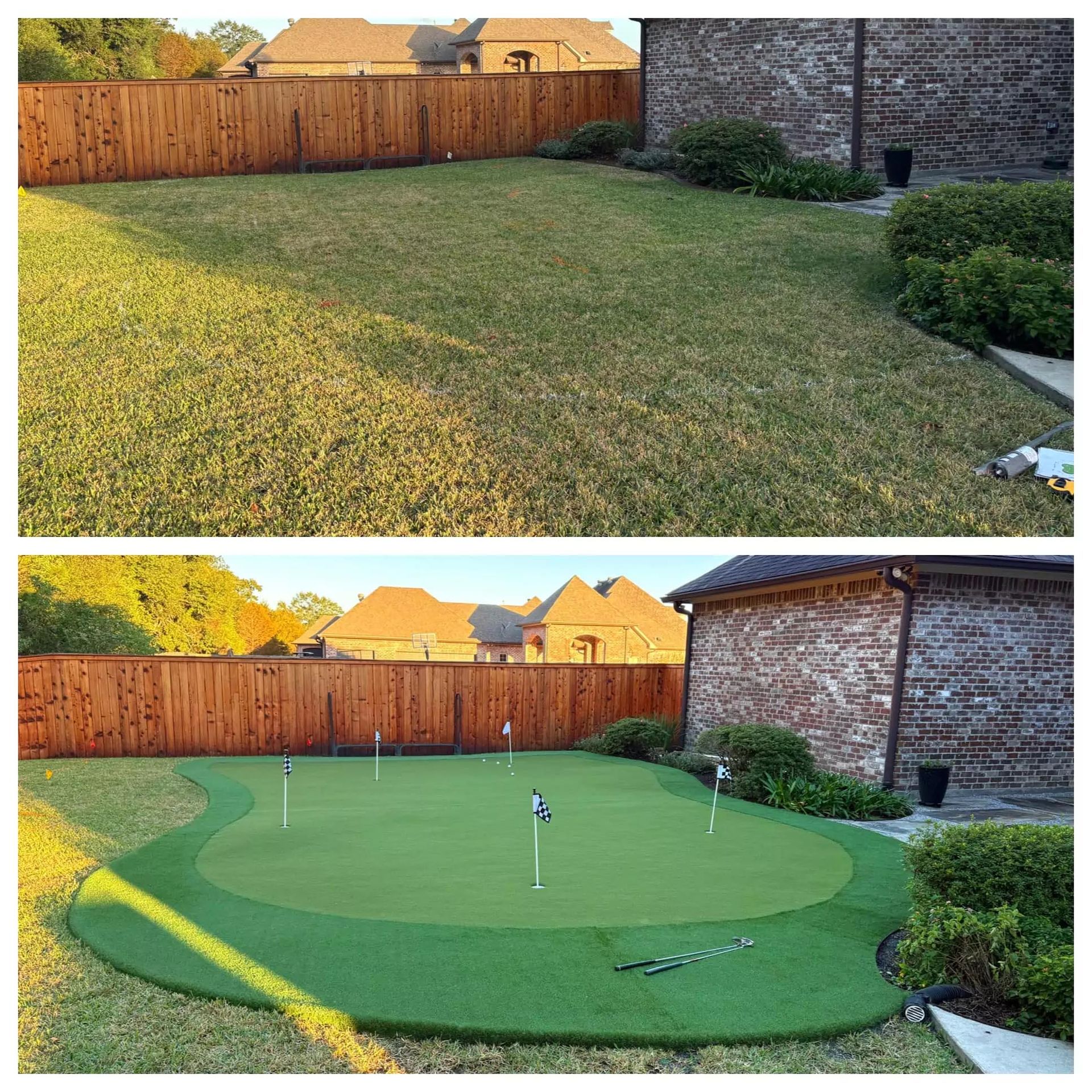 A before and after picture of a backyard with a putting green.