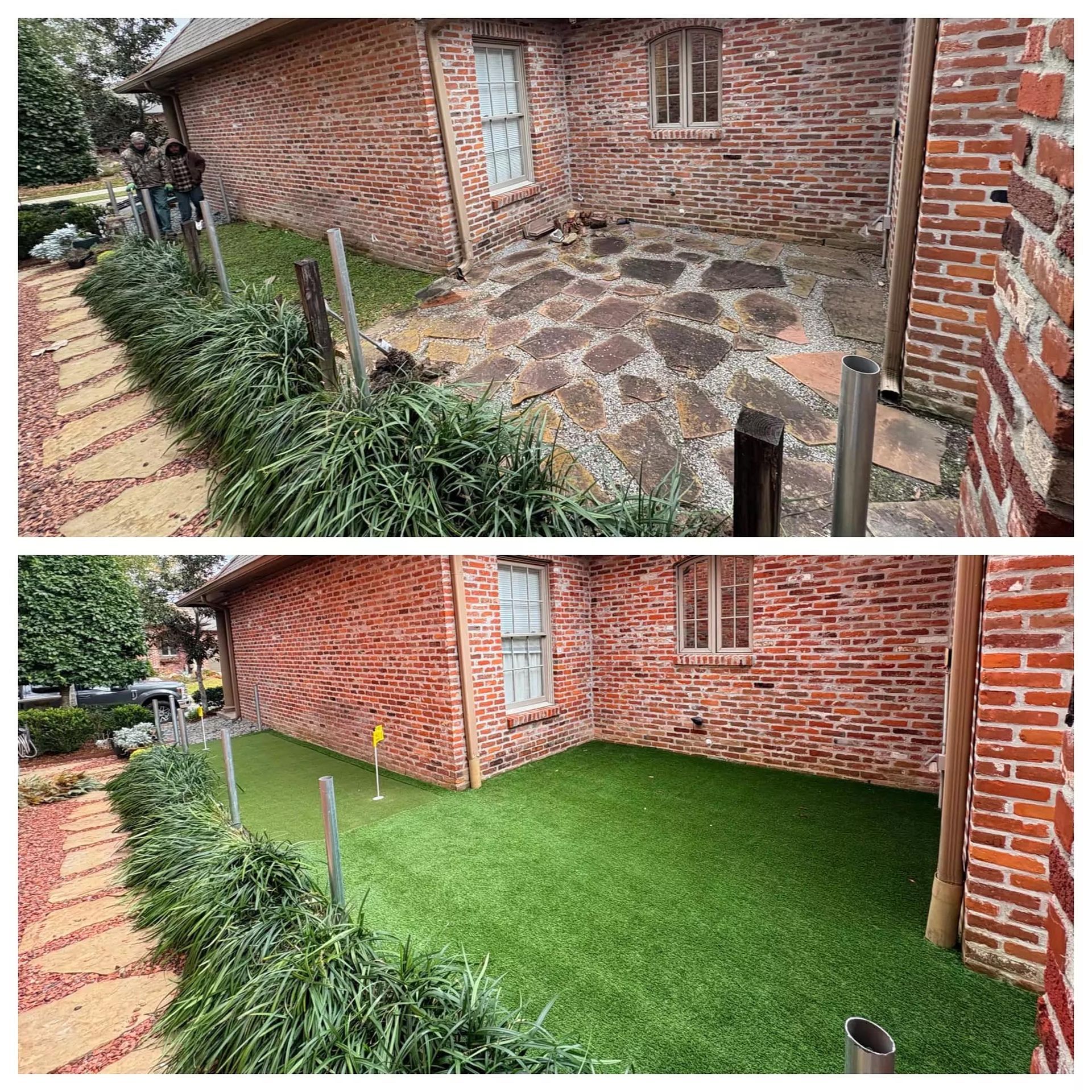 A before and after picture of a brick house with a lawn in front of it.