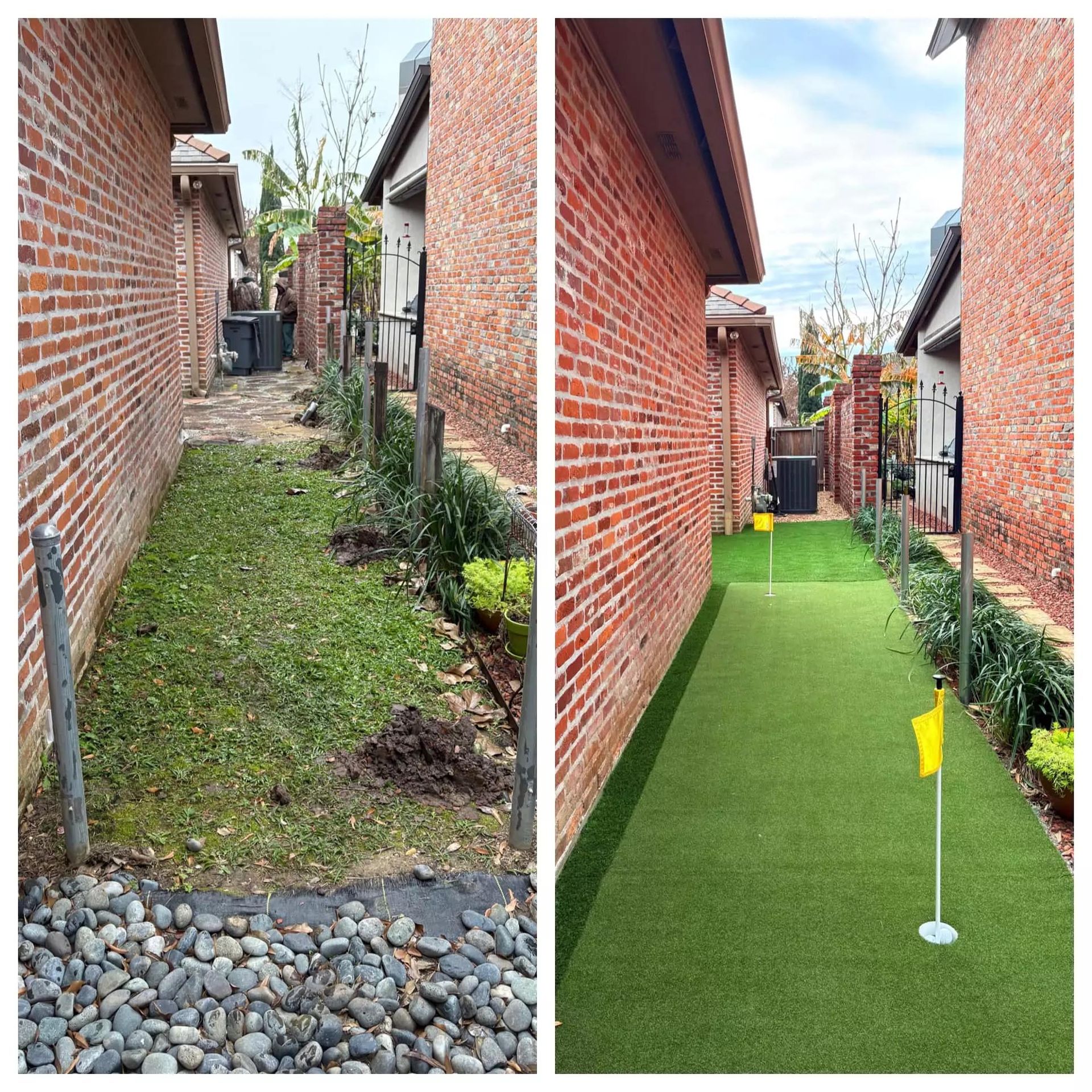 A before and after photo of a backyard with a putting green.
