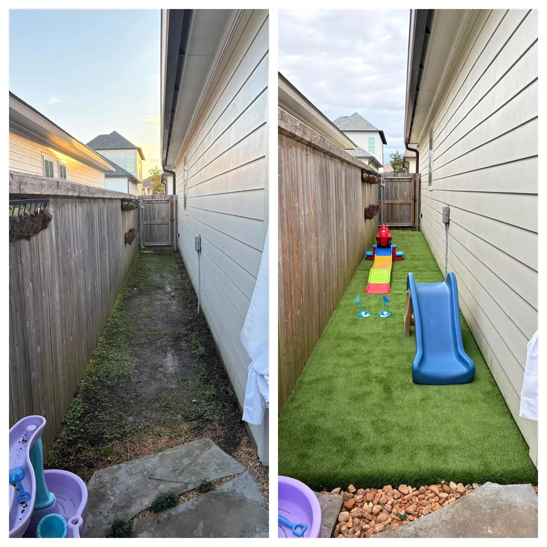 A before and after photo of a backyard with a slide.