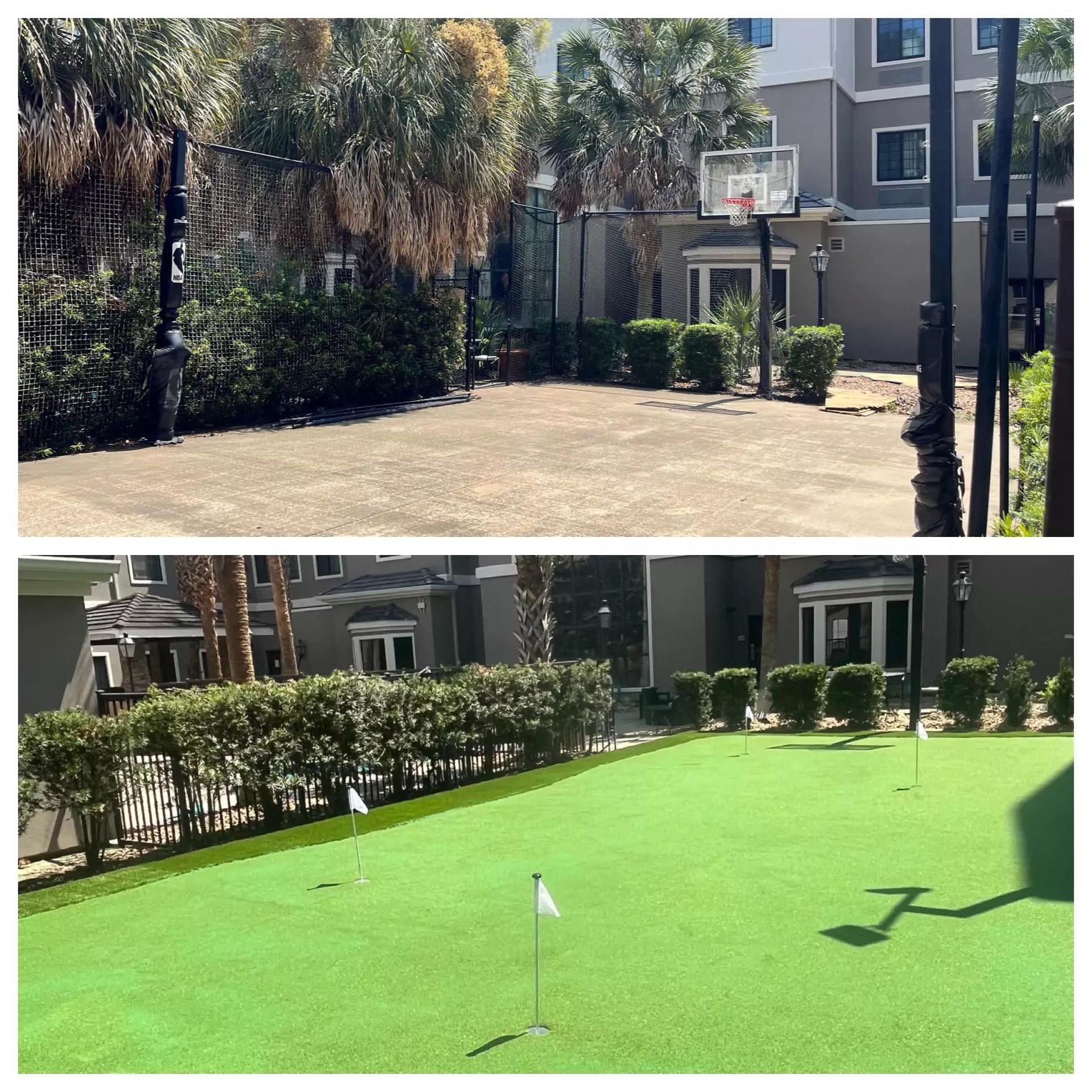 A before and after photo of a basketball court and a putting green