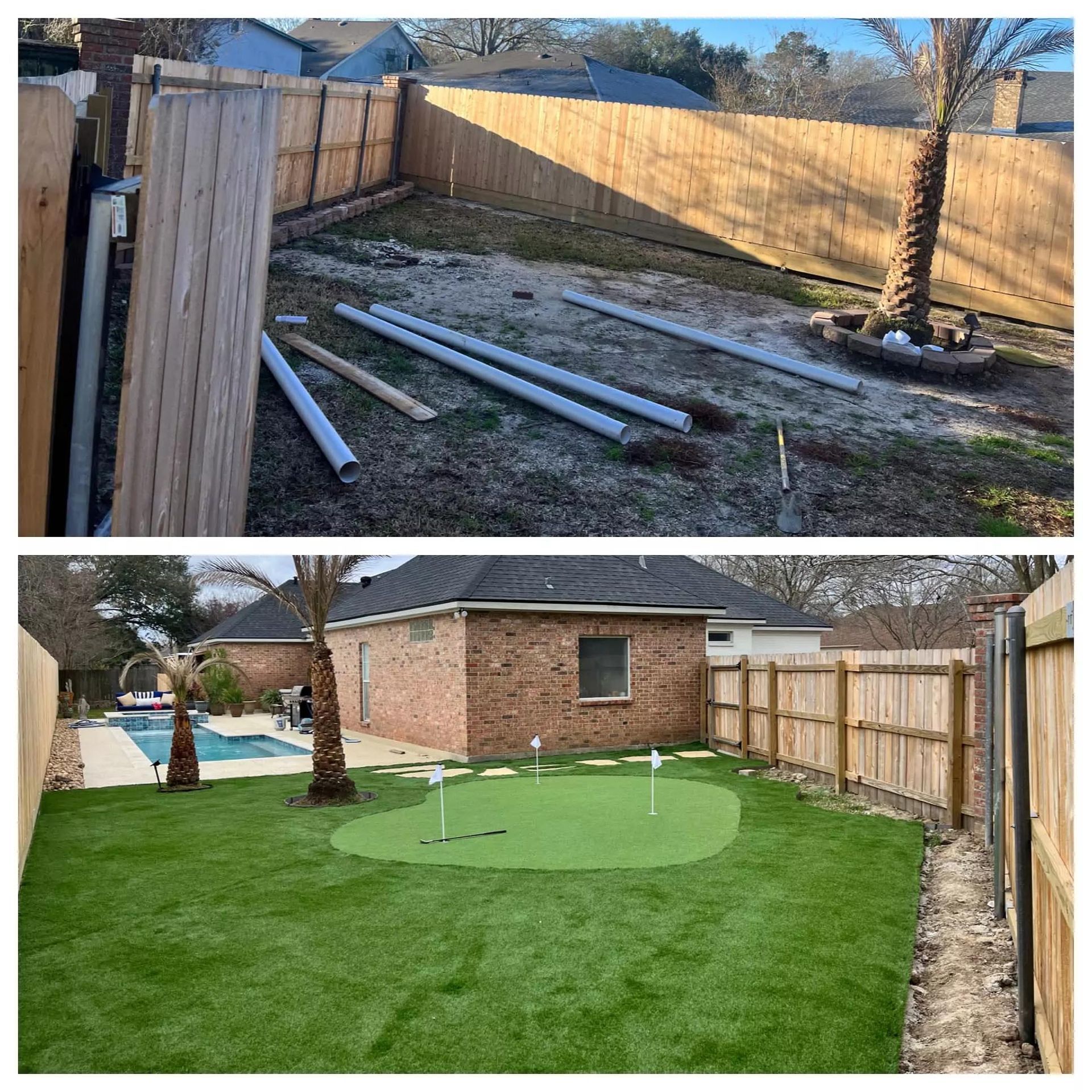 A before and after photo of a backyard with a putting green.