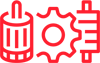 Un icono rojo de un engranaje y un barril sobre un fondo blanco.
