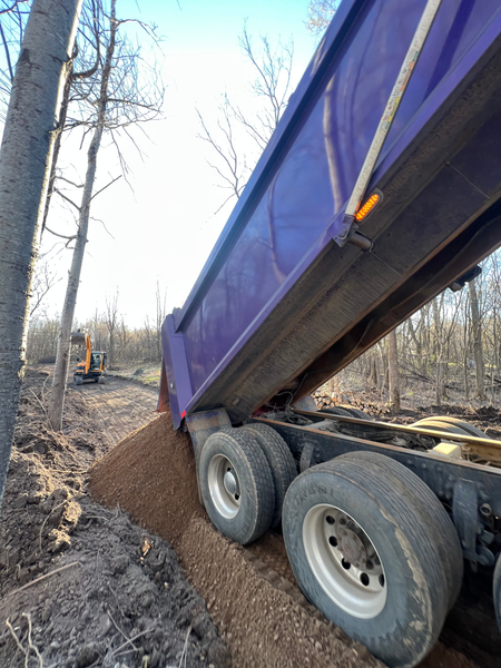 A purple dump truck is being loaded with dirt.