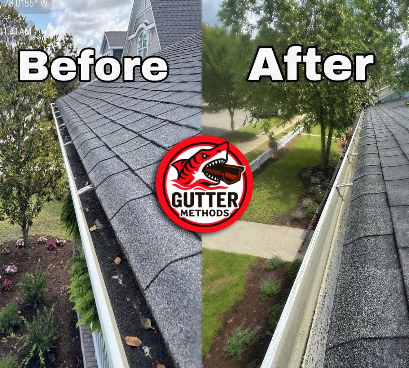 Close-up of a gutter with a mesh screen, covered in dry leaves against a dark roof.