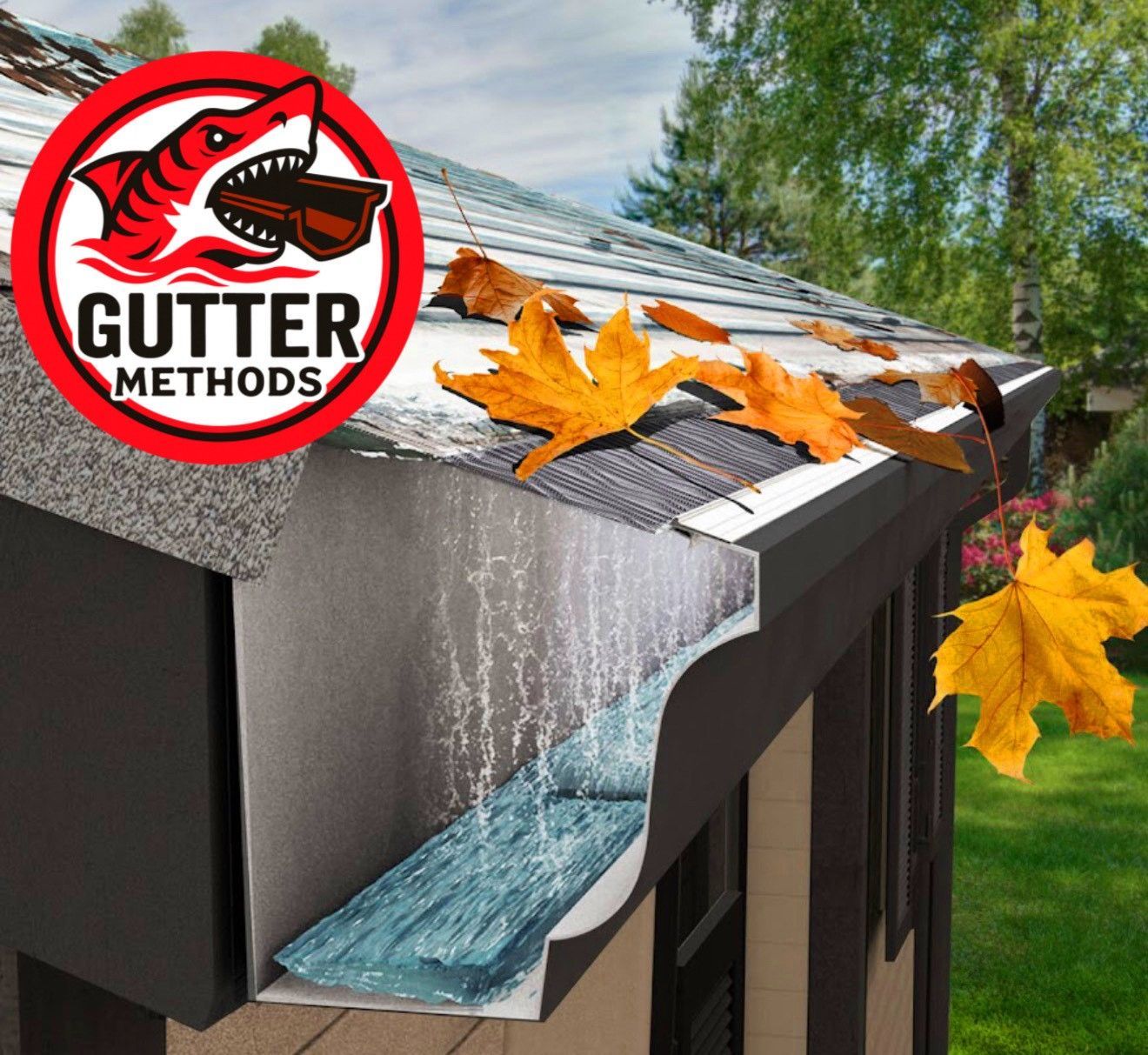 Gutter guard installed on a house with brown shingles. The guard has a mesh pattern.