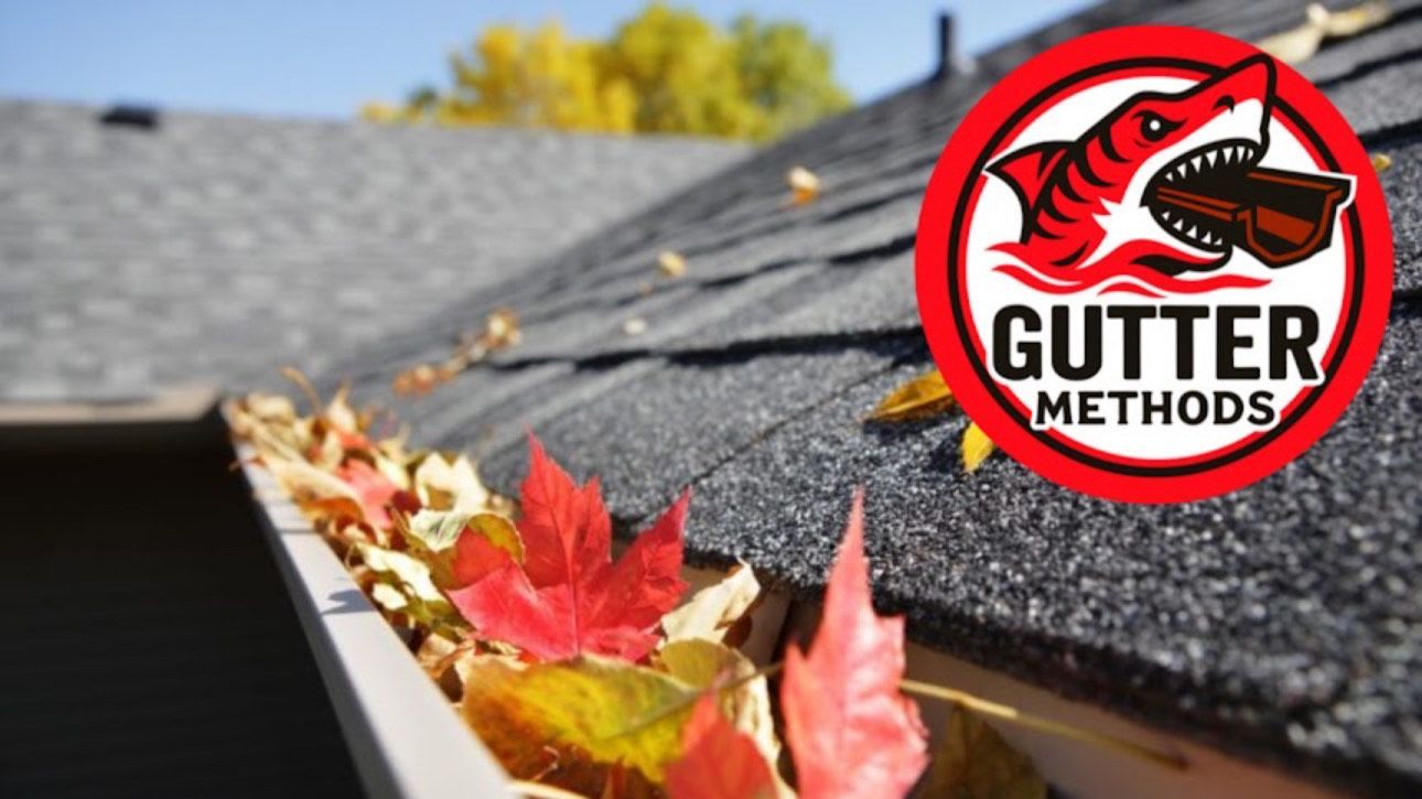 Gutter filled with autumn leaves; logo for 