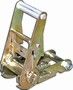Yellow and silver ratchet buckle, used for securing cargo.