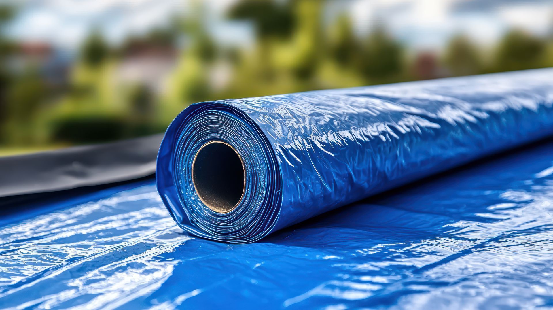 A rolled blue tarp lying on a surface with a green outdoor background.