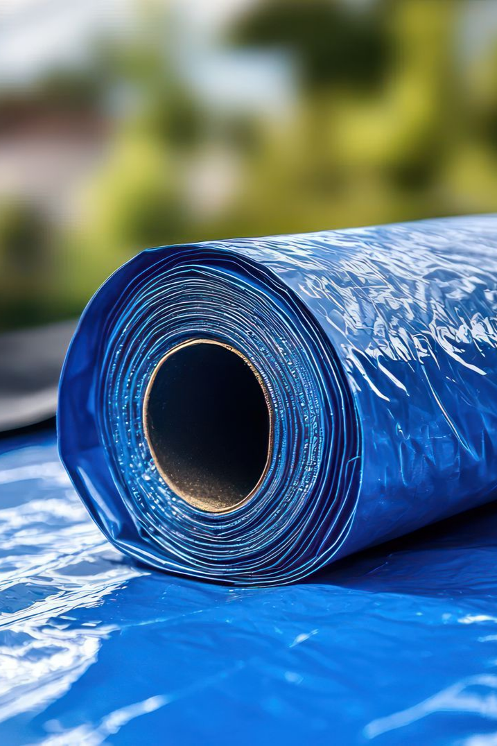 A rolled blue tarp lying on a surface with a green outdoor background.