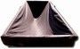 A black, triangular tent with a dark interior, set on a dark base.