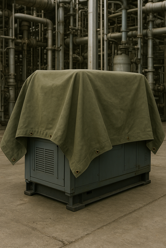 Durable industrial canvas cover protecting equipment in a Baton Rouge, LA facility..