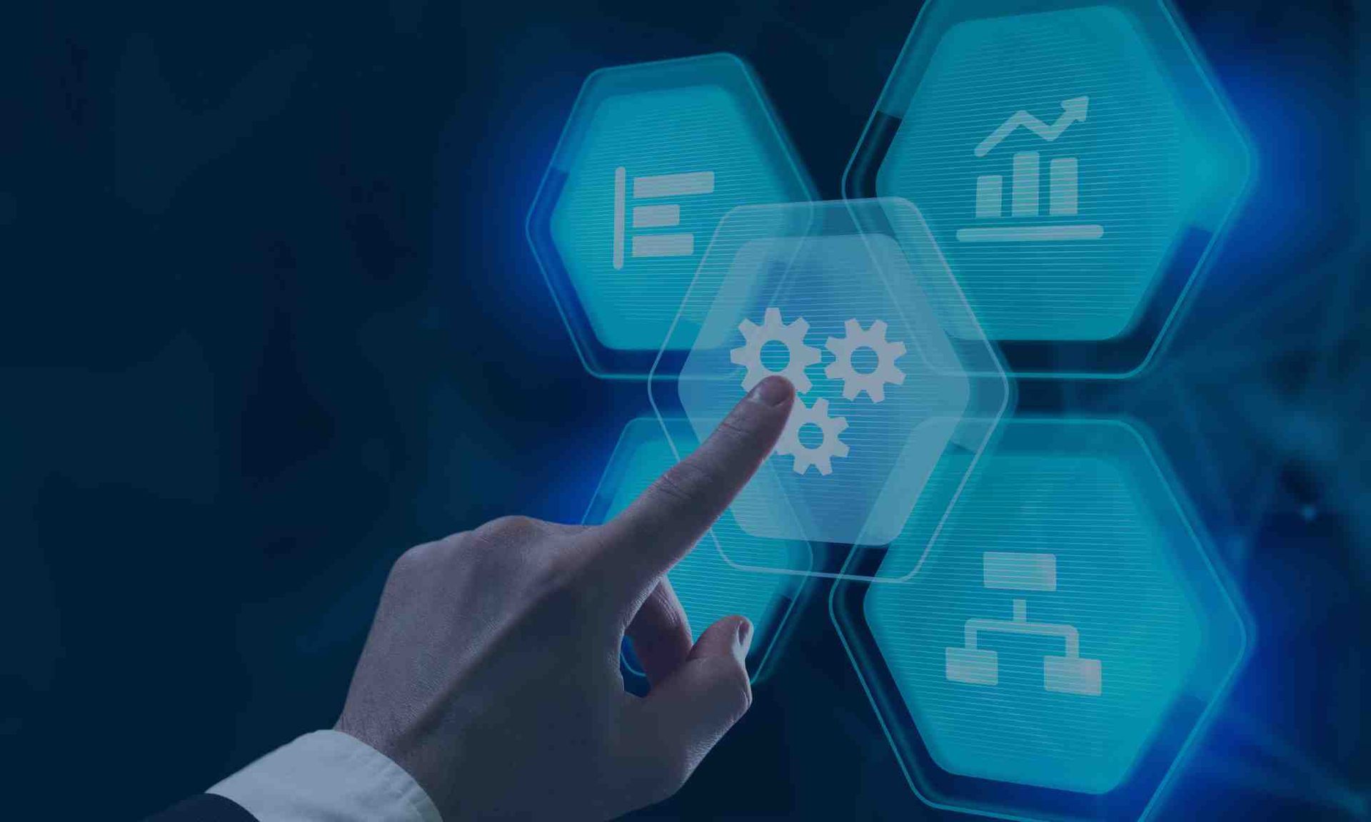 A person is pressing a button on a futuristic screen.