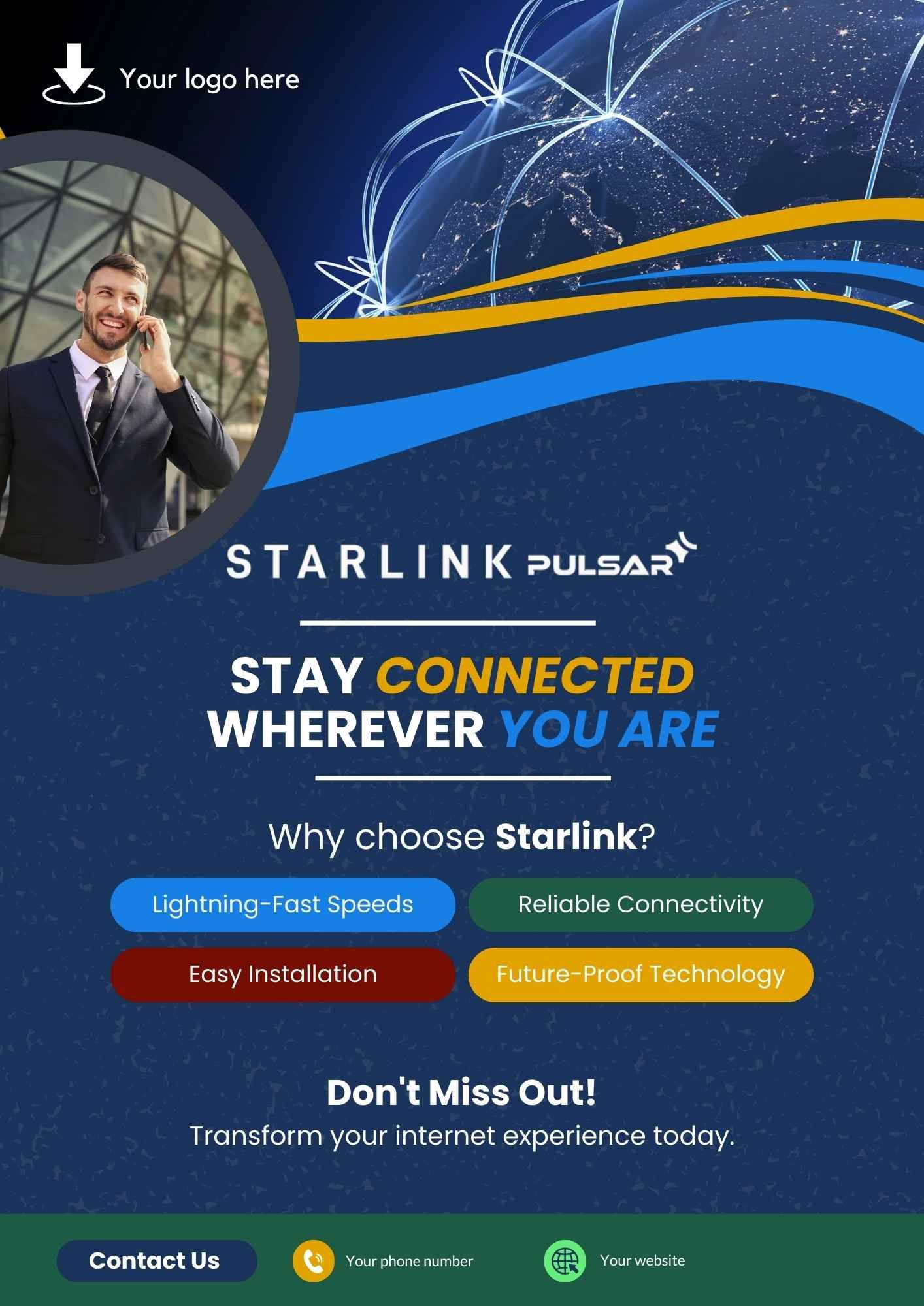 A flyer for Starlink pulsar , a lightning fast satellite internet provider and why you should choose Starlink.