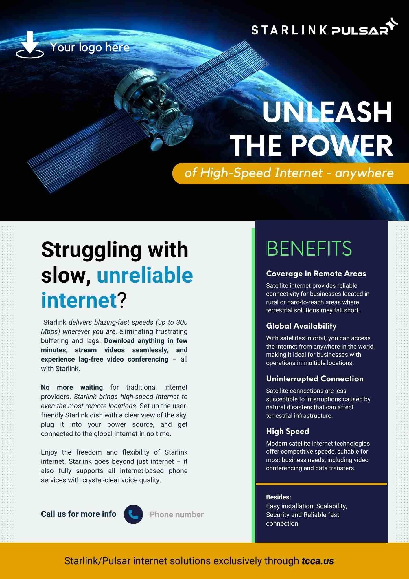 A brochure about struggling with slow, unreliable internet and how Starlink/Pulsar's solutions can solve that problem.