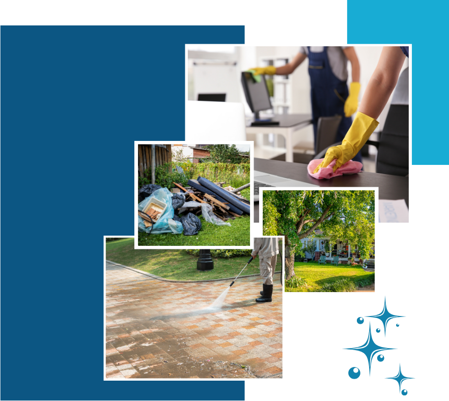 Cleaning services collage: office, yard waste, pressure washing, house. Blue and white colors, diverse actions.