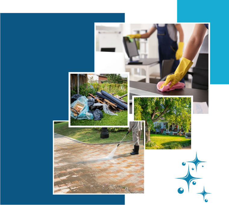 Cleaning services collage: office, yard waste, pressure washing, house. Blue and white colors, diverse actions.
