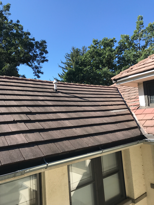 Brown tile roof with a white vent pipe against a blue sky, trees in the background.