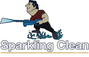 the logo for sparkling clean shows a man holding a vacuum cleaner