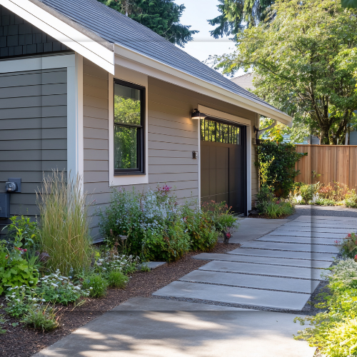 Garage with concrete path, surrounded by landscaping, in natural light.