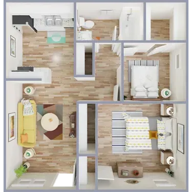 A bedroom with a large bed and a ceiling fan.