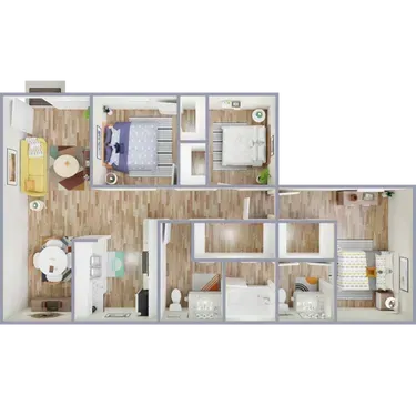 A bedroom with a large bed and a ceiling fan.