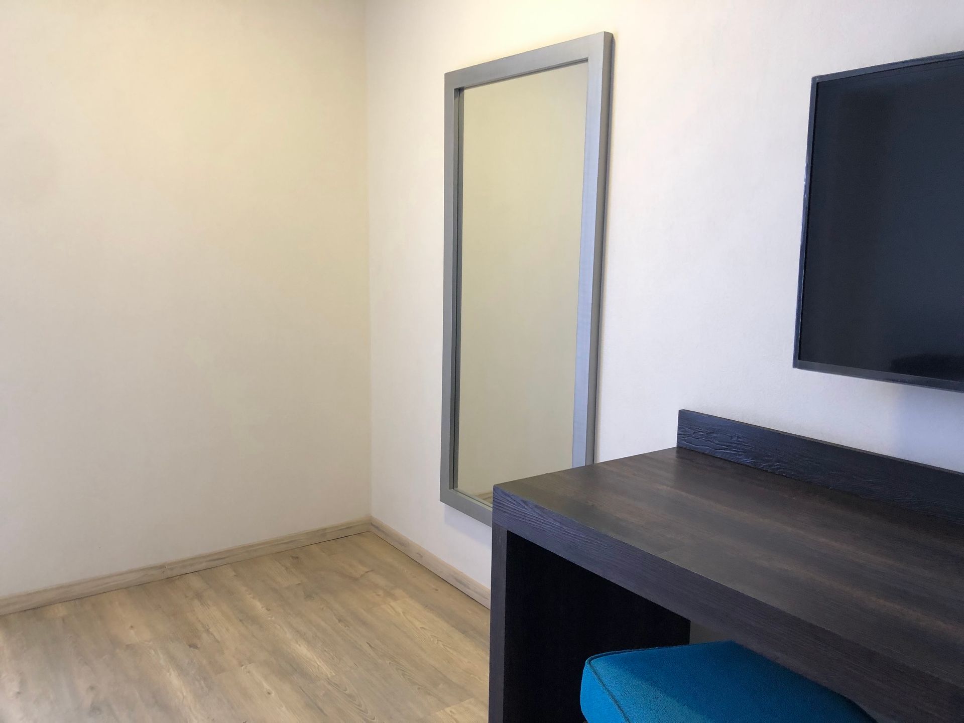 A hotel room with a desk , television and mirror.