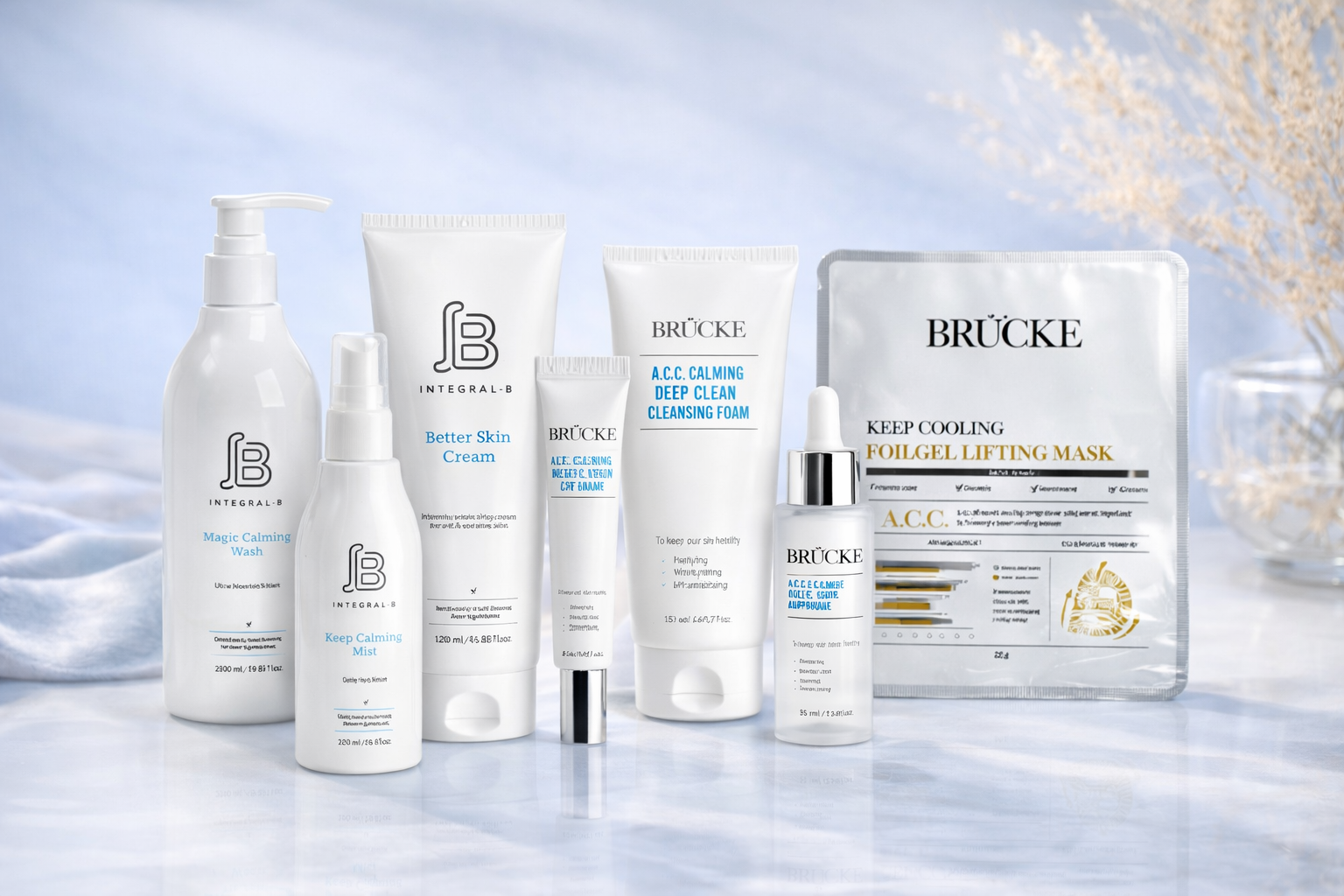 Prodotti per la cura della pelle di Nine Tails su una superficie bianca, con vari flaconi, maschere in tessuto e un'ambientazione naturale.