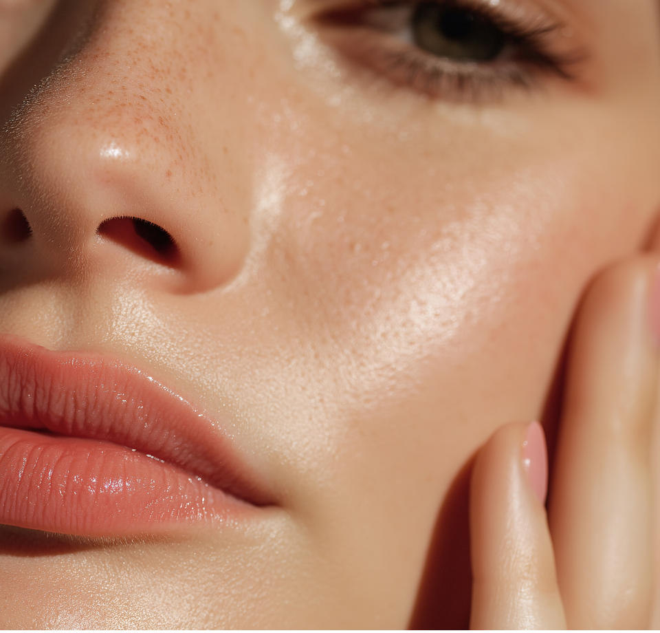 Primo piano del volto di una persona con la pelle luminosa, parzialmente nascosta dalla mano; sono visibili le labbra rosa e le lentiggini.