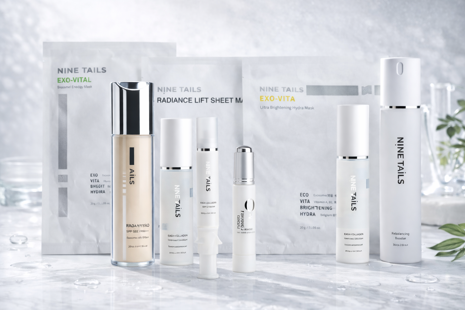 Prodotti per la cura della pelle di Nine Tails su una superficie bianca, con vari flaconi, maschere in tessuto e un'ambientazione naturale.