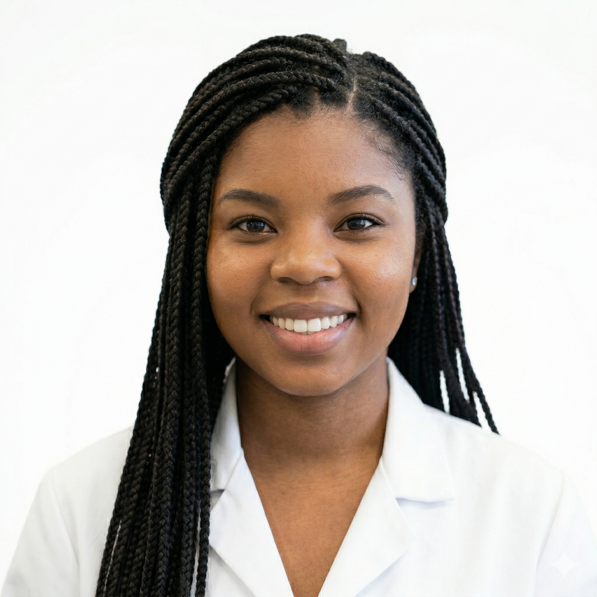 Woman in a white coat smiling, wearing a necklace. She has dark hair and red lipstick.